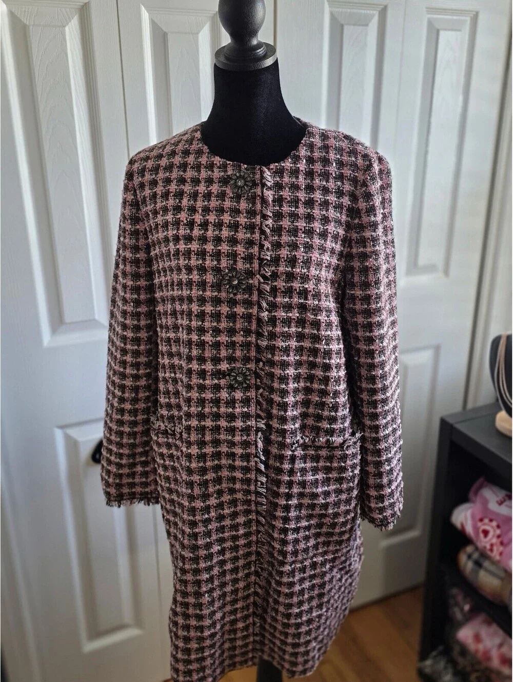 Kate Spade Pink Black Brown Enchanted Tweed Coat Crystal Rhinestone Buttons M